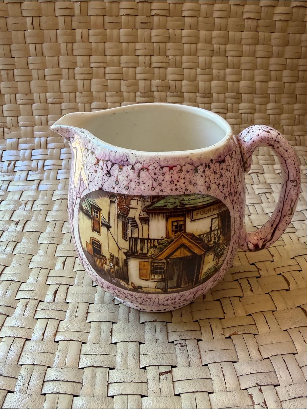 Vintage Lancaster Hanley England Pink Decorative Pitcher with Cottage Scene